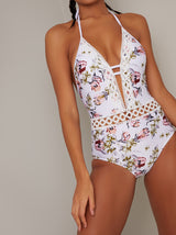 High Cut Floral Print Crochet Swimsuit in White