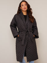 Diamond Quilted Longline Belted Coat in Black