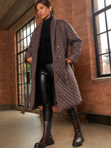 Diamond Quilted Longline Belted Coat in Chocolate