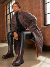 Diamond Quilted Longline Belted Coat in Chocolate