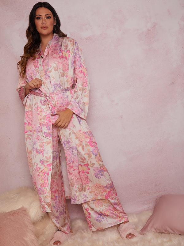 Plus Size Floral Print Robe in Pink