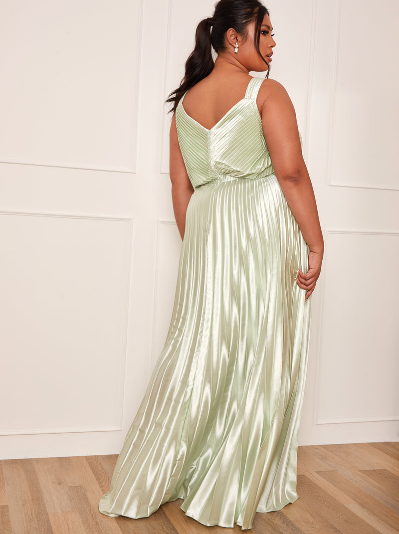 Plus Size Satin Cami Strap Pleated Maxi Dress in Mint