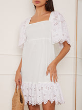 Broderie Sleeve Poplin Mini Dress in White