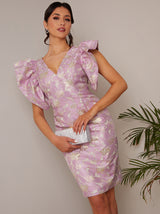 V Neck Ruffle Sleeve Floral Jacquard Midi Dress in Lilac