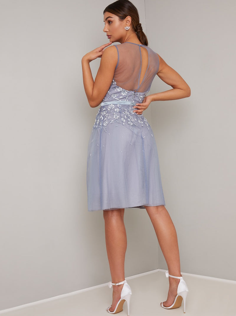 Embroidered Mesh Overlay Midi Dress in Blue