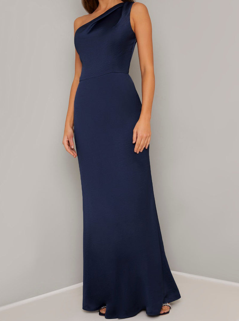 One Shoulder Fitted Silky Maxi Dress in Navy Blue
