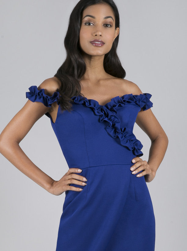 Ruffle Bardot Wrap Style Midi Dress in Blue