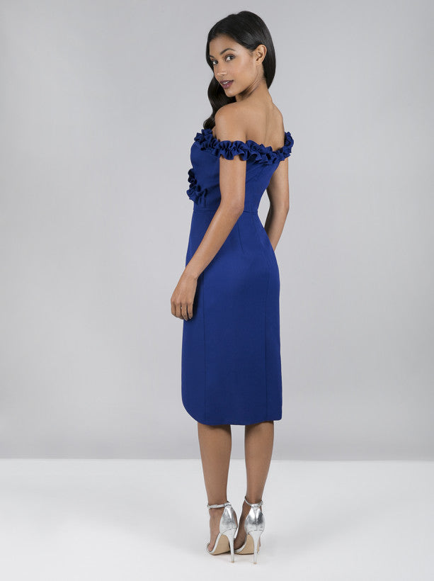 Ruffle Bardot Wrap Style Midi Dress in Blue