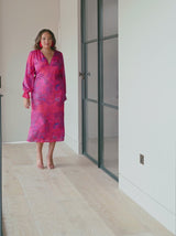 Plus Size Long Sleeve V Neck Floral Print Dress in Pink