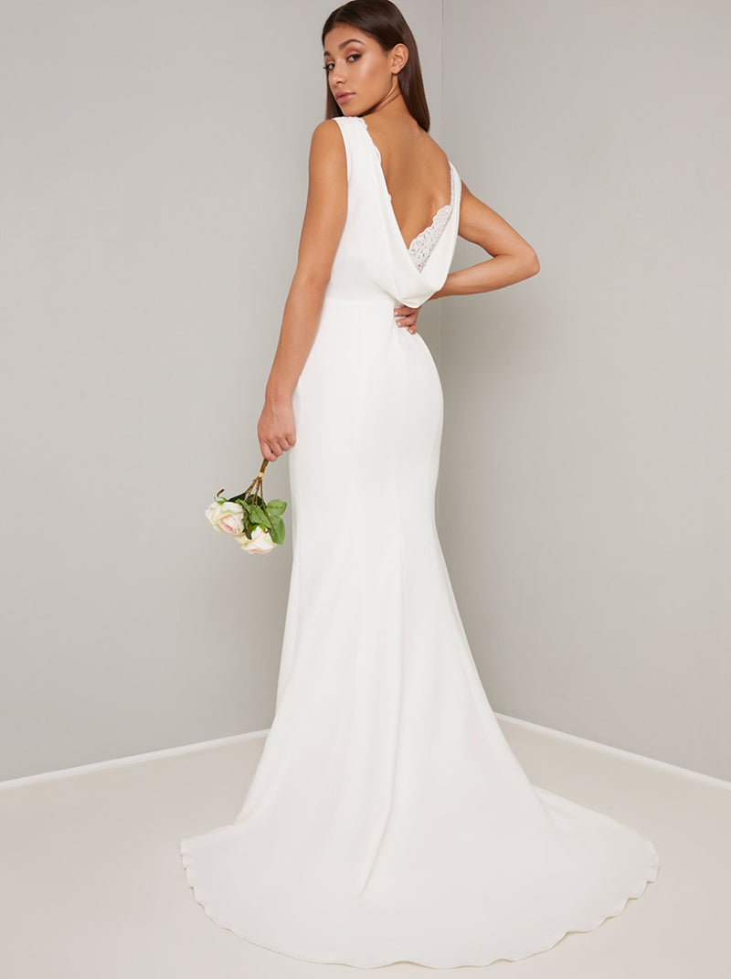 Bridal Cowl Neck Wedding Dress with Lace insert in White