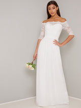 Bridal Lace Bardot Bodice Wedding Dress in White