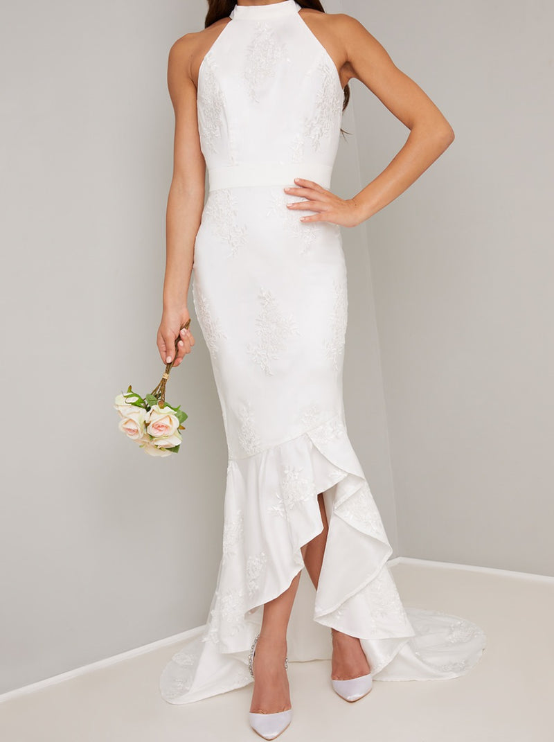 Bridal Embroidered Fishtail Dip Hem Wedding Dress in White