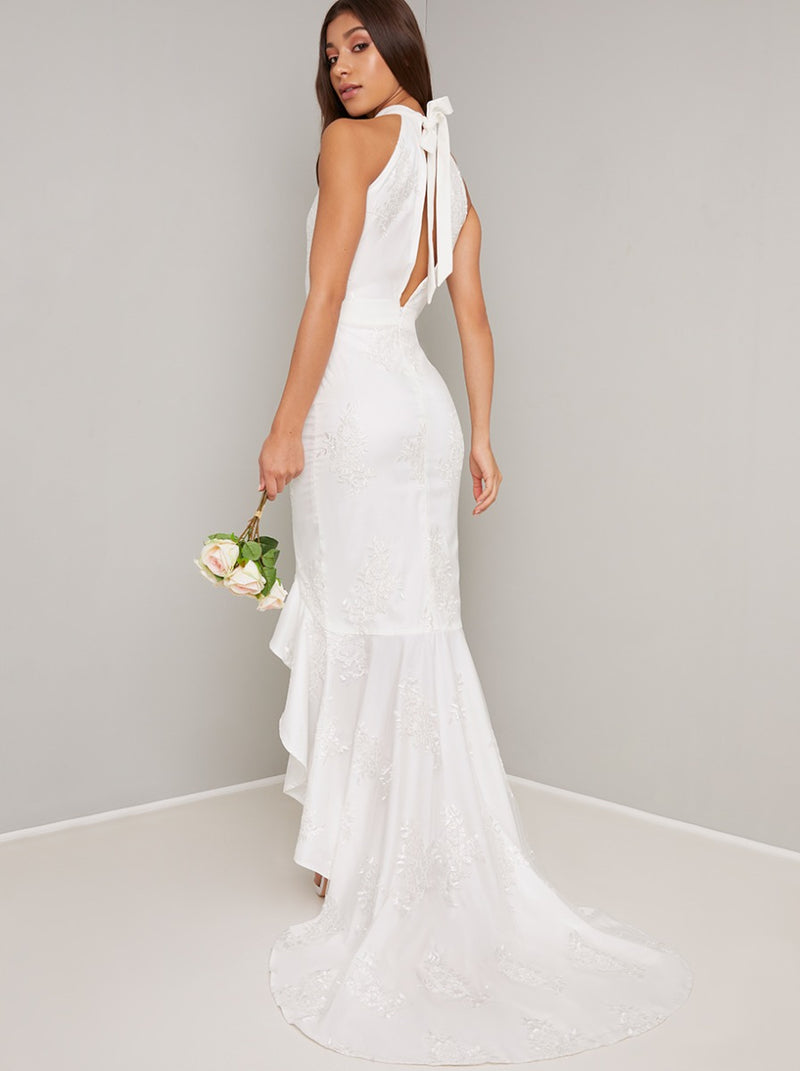 Bridal Embroidered Fishtail Dip Hem Wedding Dress in White