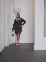 Plus Size Long Sleeve Glitter Drape Mini Dress in Black