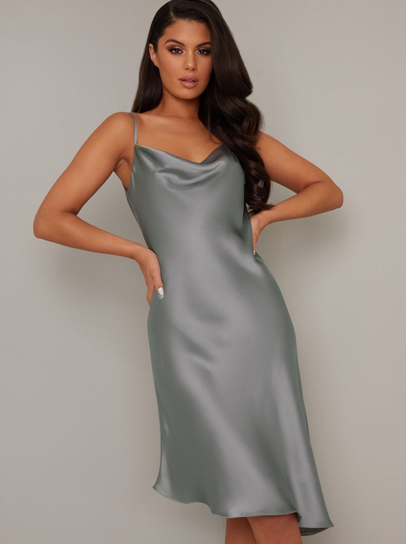 Satin Slip Day Dress with Cowl Neck in Silver