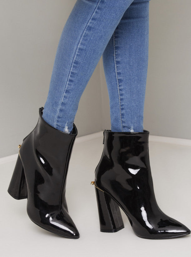 Block Heel Patent Ankle Boots in Black