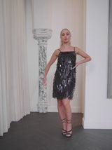 Cami Strap Fringe Sequin Midi Dress in Black