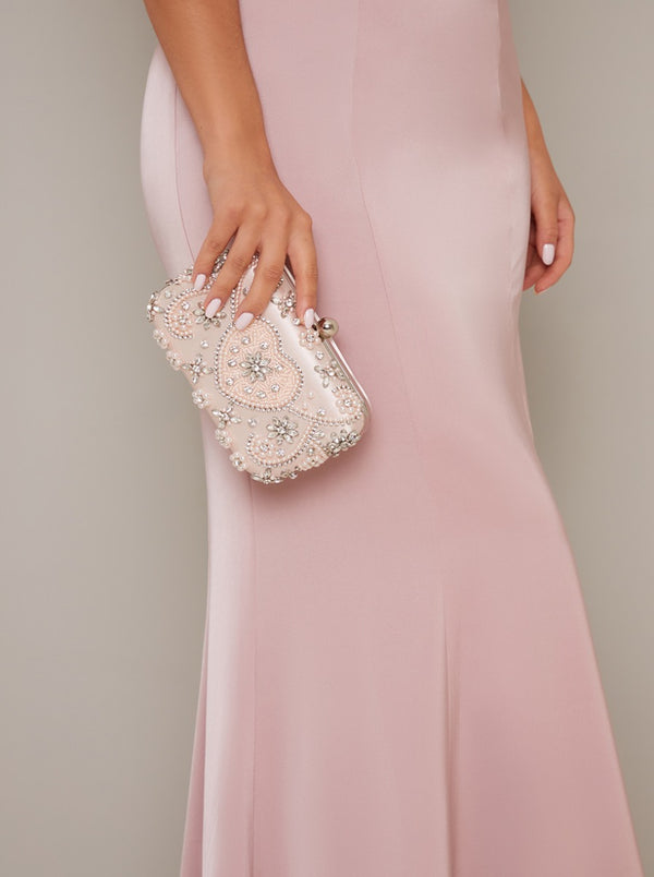 Satin Embellished Clutch Bag in Pink