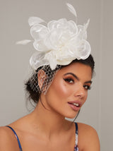 Flower Fascinator Headband Hat with Feather in Cream