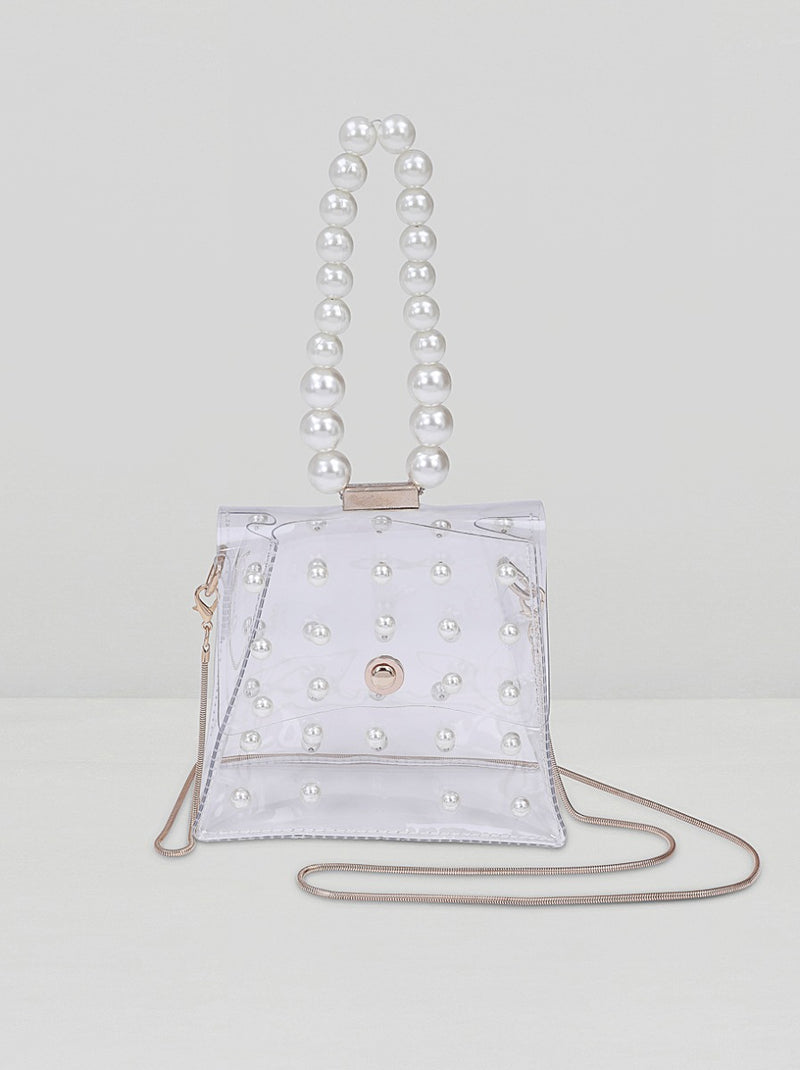 Perspex Faux Pearl Detail Handbag in Pearl