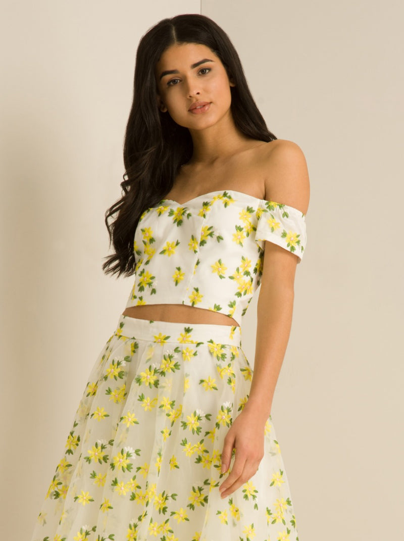 Bardot Floral Crop Top in Yellow