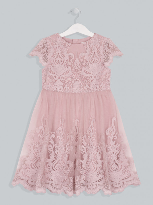 Girls Lace Scalloped Party Dress in Pink