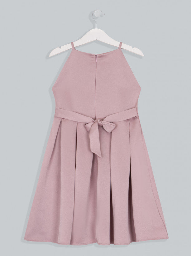 Girls Pleated Bow Detail Dress in Pink