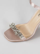 Embellished High Heel Satin Strappy Sandal in Pink