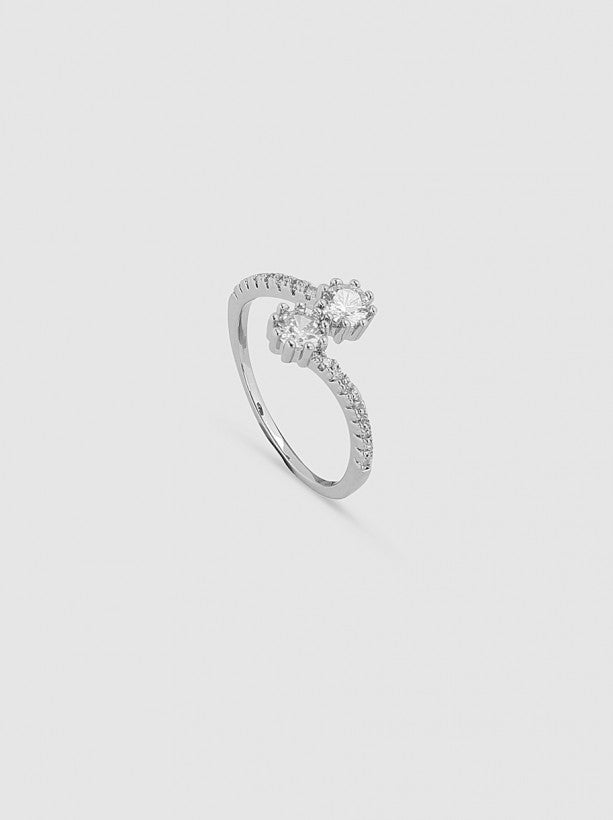 Diamante Double Flower Ring in Silver Tone