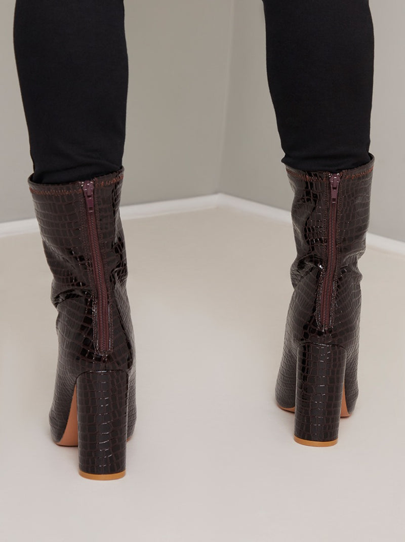 High Ankle Mock Croc Boots in Brown