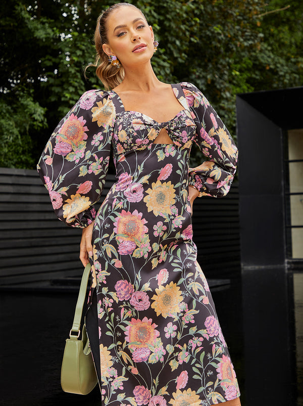 Long Sleeve Cut-Out Detail Floral Print Midi Dress in Black
