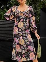 Long Sleeve Cut-Out Detail Floral Print Midi Dress in Black