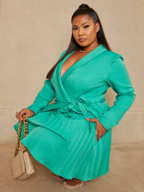 Plus Size Wrap Style Pleated Blazer Dress in Green