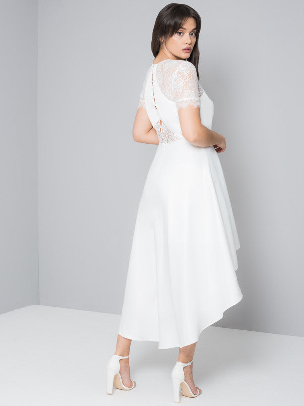 Plus Size Lace Panel Dip Hem Midi Dress in Ivory