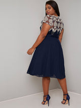 Plus Size Lace Bodice Chiffon Midi Dress in Blue