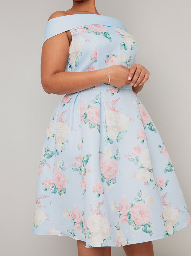 Plus Size Bardot Floral Print Midi Dress in Blue