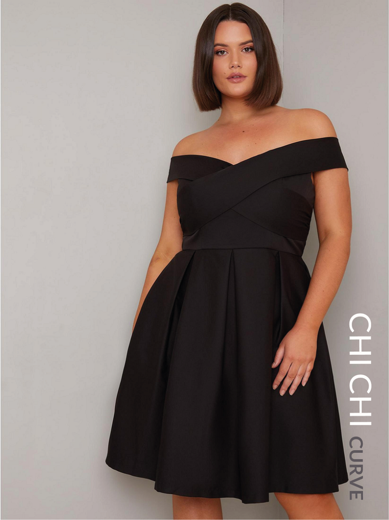 Plus Size Bardot Midi Dress in Black