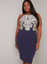 Halter Neck Embroidered Bodycon Dress in Navy