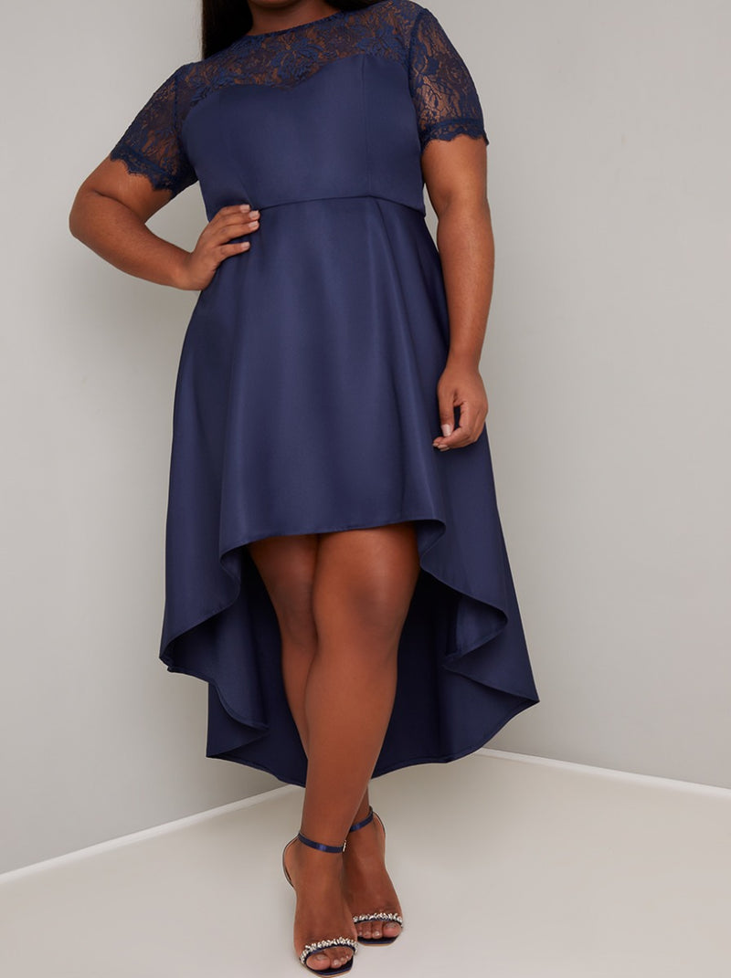Plus Size Lace Bodice Detail Dip Hem Dress in Blue