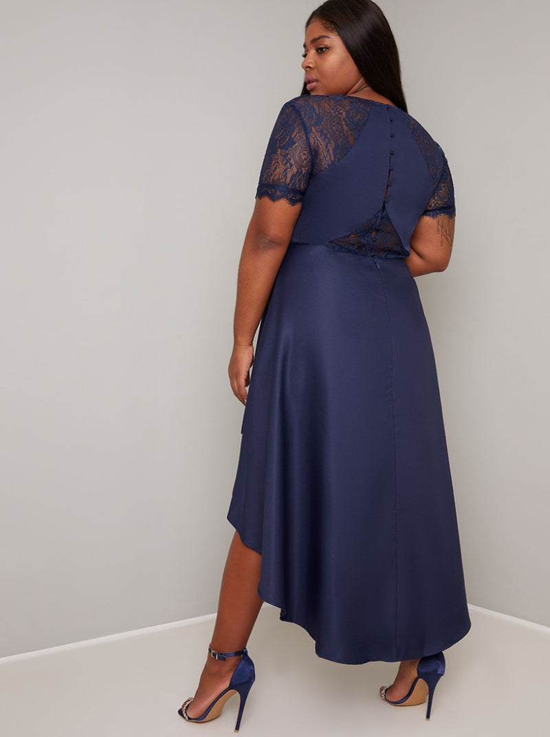 Plus Size Lace Bodice Detail Dip Hem Dress in Blue