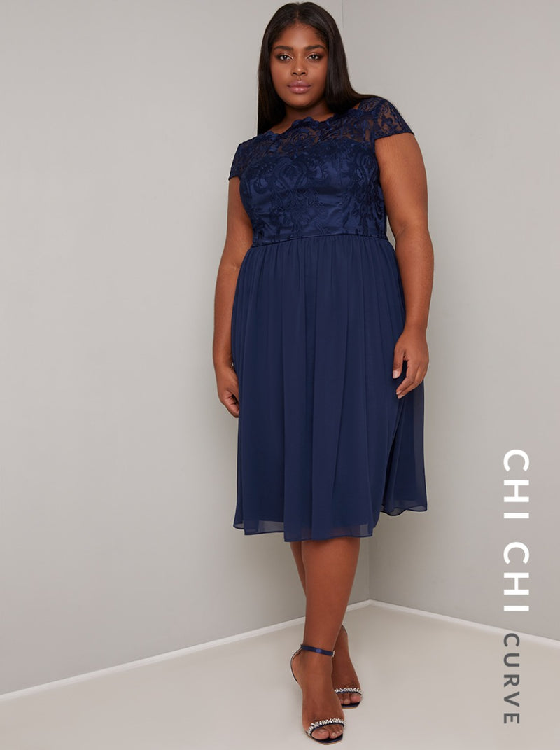 Plus Size Lace Detail Cap Sleeve Midi Dress in Blue