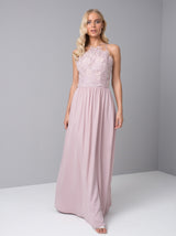 Halter Style Lace Bodice Maxi Dress in Pink