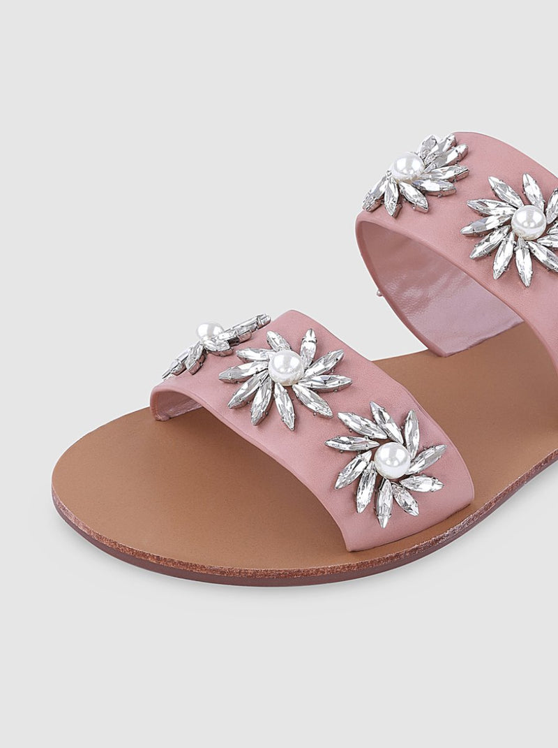 Multi Strap Diamante Embellished Sandals in Pink