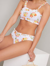 Frill Detail Floral Bikini Top in White