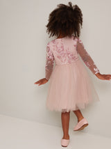 Girls Lace Bodice Tulle Midi Dress in Pink