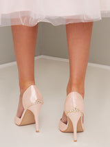 High Heel Satin Diamante Detail Court Shoe in Pink