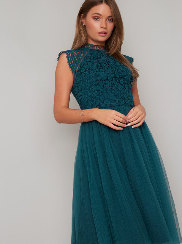 Midi Dress with Floral Crochet Design in Green
