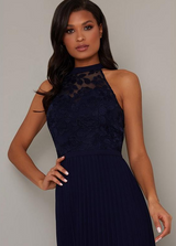 Halter Neck Embroidered Bodice Maxi Dress in Navy