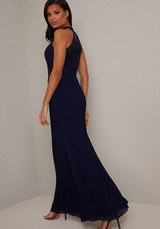 Halter Neck Embroidered Bodice Maxi Dress in Navy