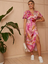 Short Sleeve V Neck Floral Midi Dress in Pink